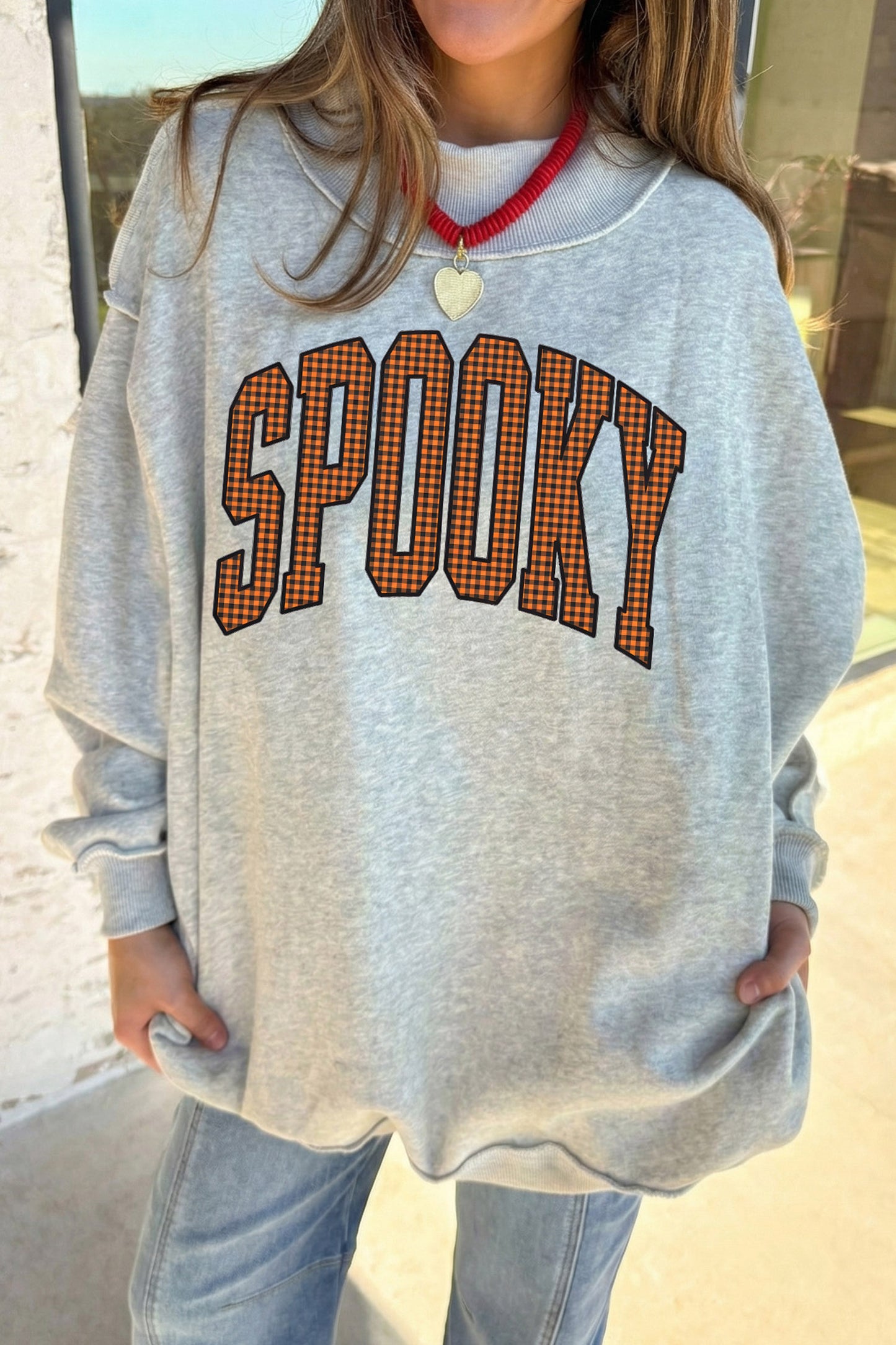 Light Grey Halloween Slogan Print Mock Neck Reversible Sweatshirt