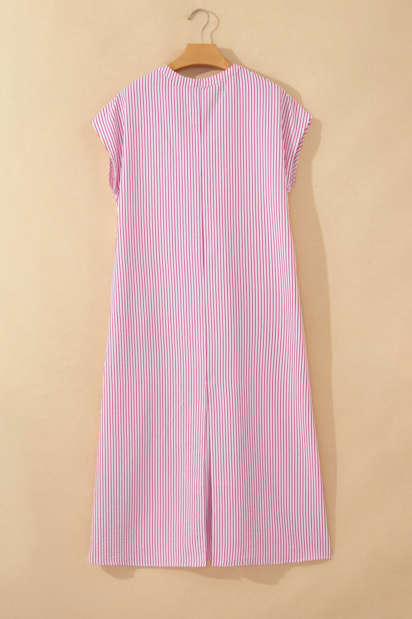 Red Stripe Frilled Detail Half Buttons Short Sleeve Long Dress