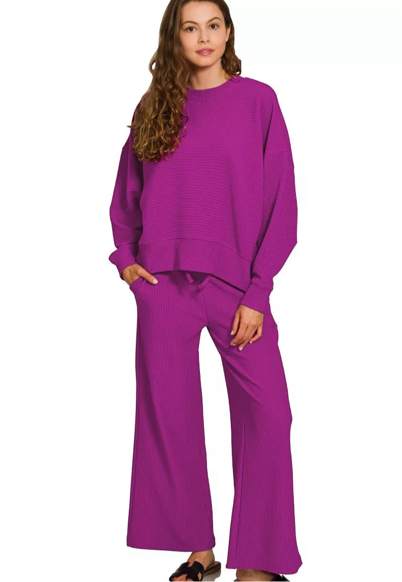 Zenana Ribbed Round Neck Pullover and Drawstring Pants Set