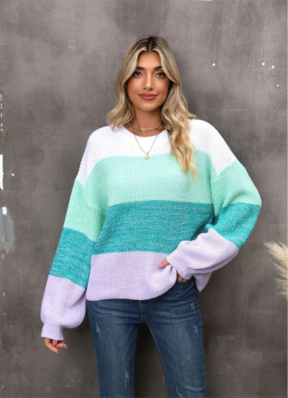 Angel Wings Color Block Round Neck Dropped Shoulder Sweater