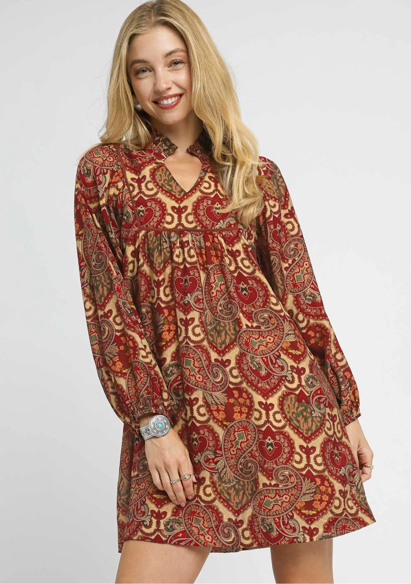 Umgee Boho Mix Paisley Babydoll Dress