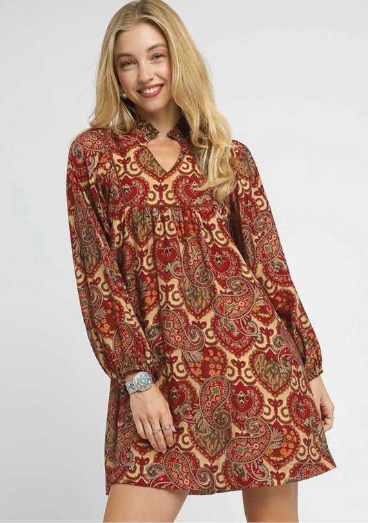 Umgee Boho Mix Paisley Babydoll Dress