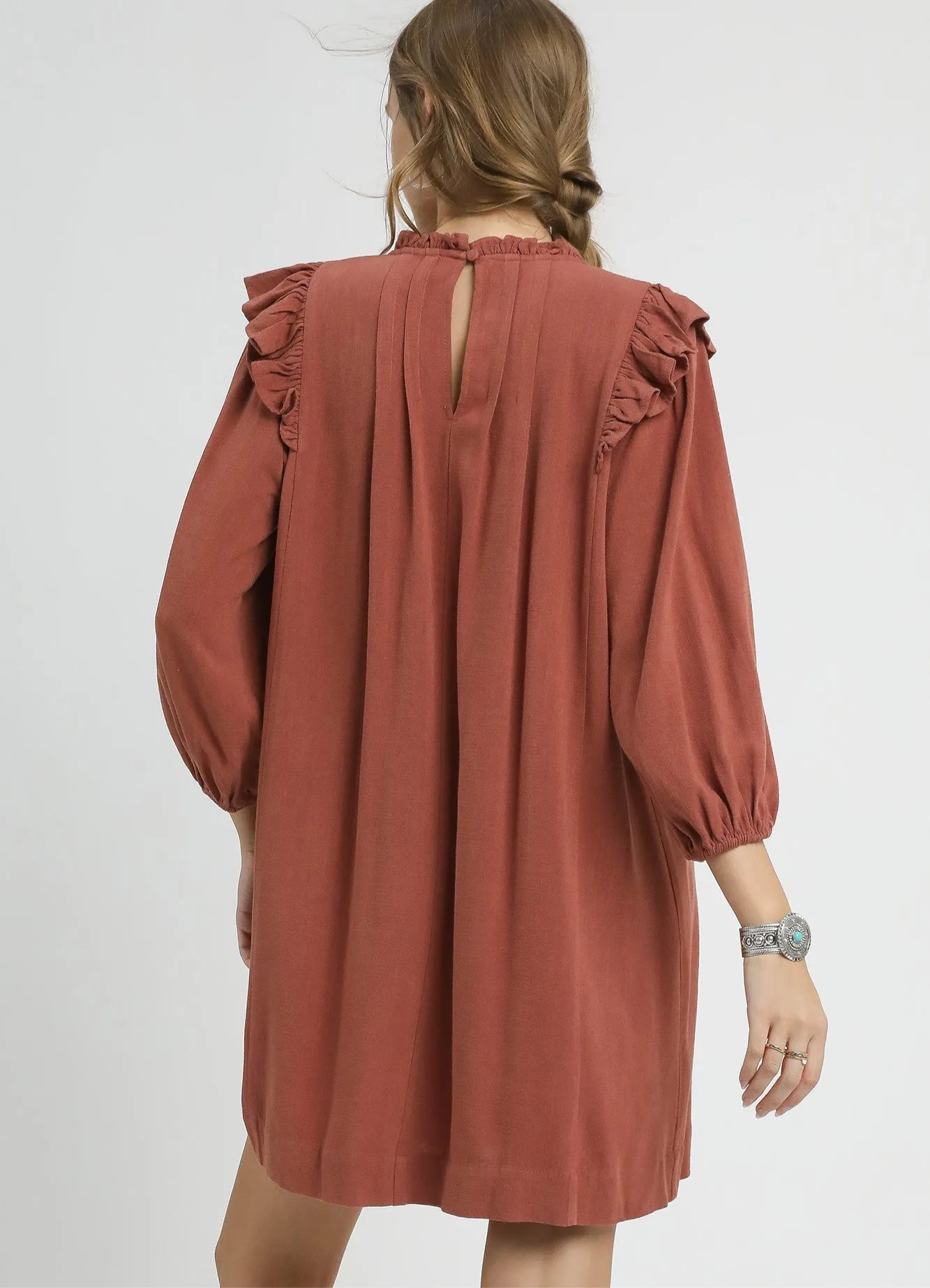 Umgee Linen Ruffle Shoulder Pleated Babydoll Dress