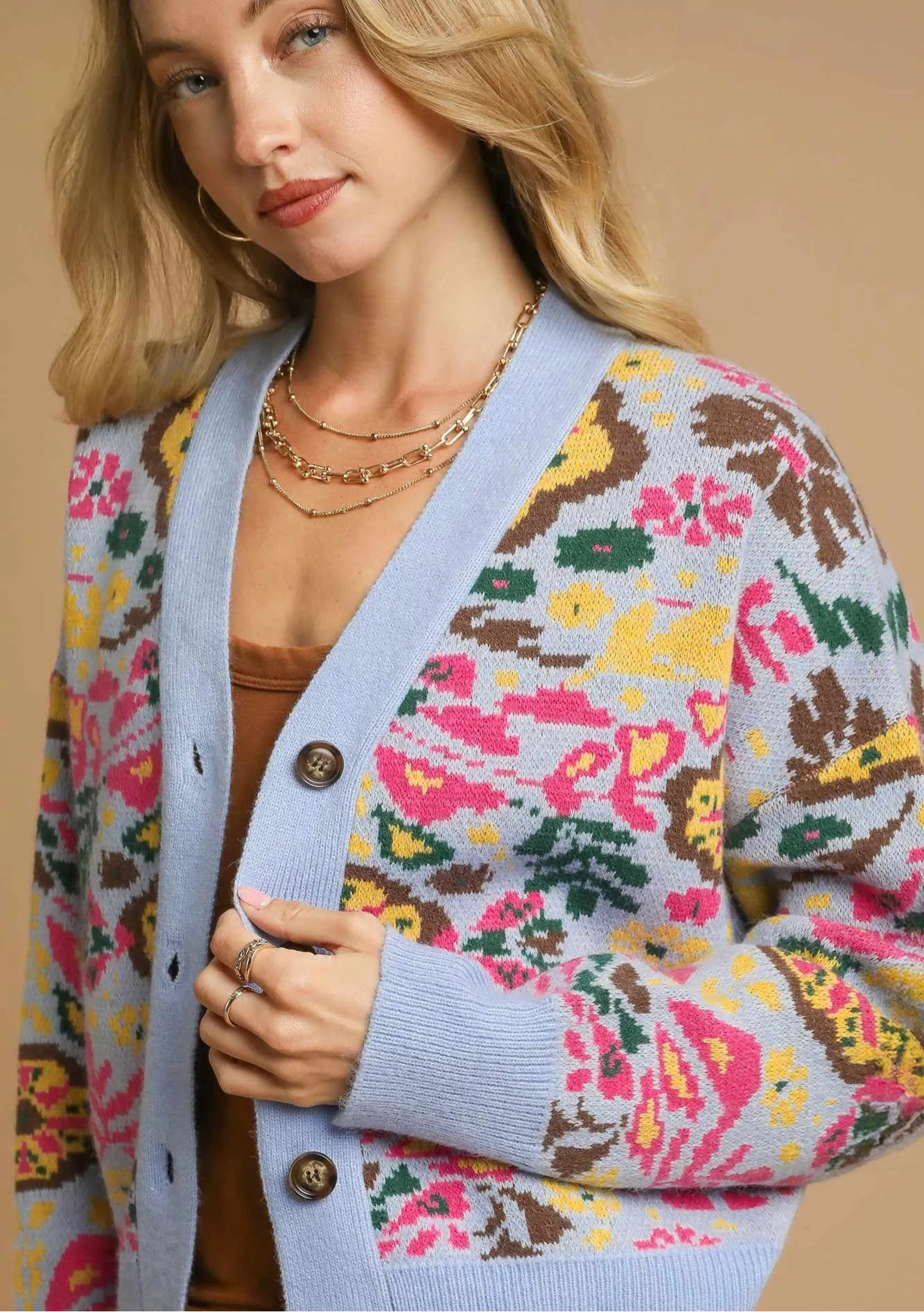 Umgee Floral Knit Button-Up Cardigan
