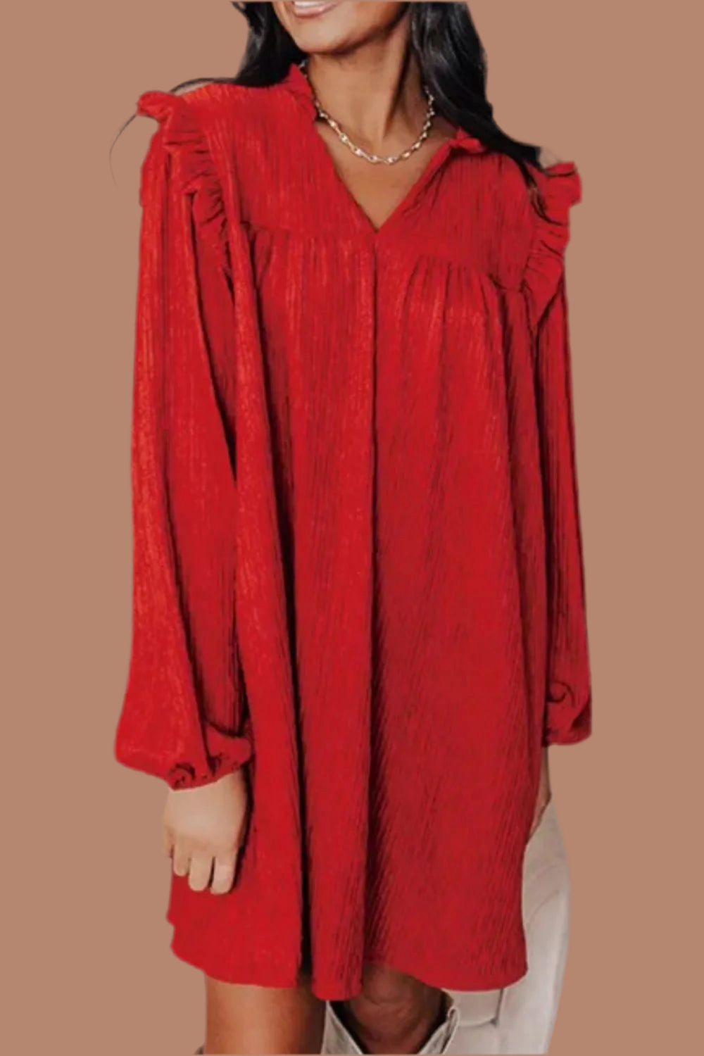 Frill Notched Long Sleeve Dress