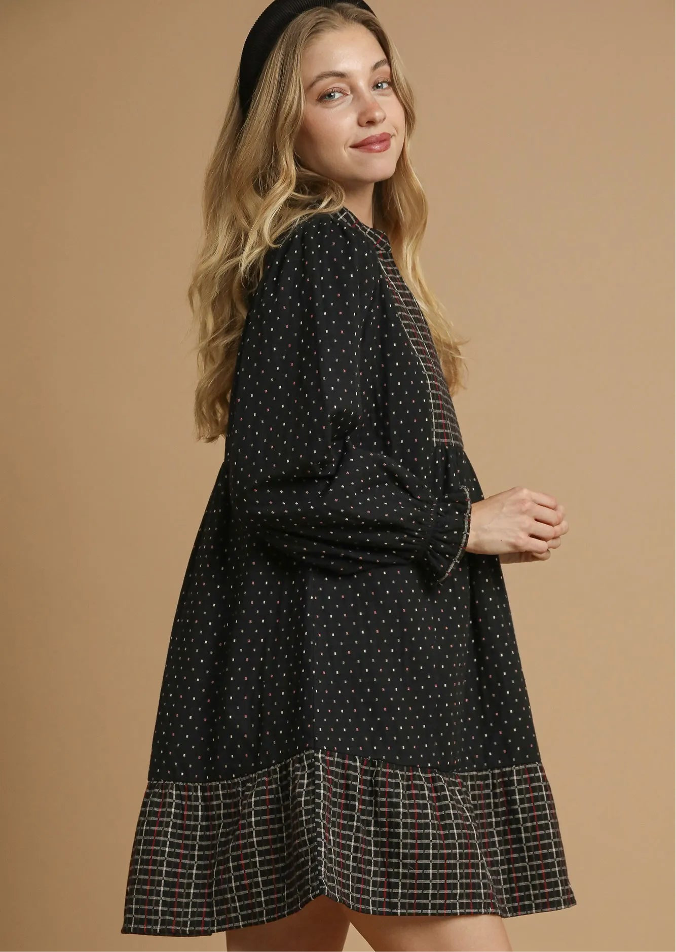 Umgee Polka Dot Plaid Trim Babydoll Dress