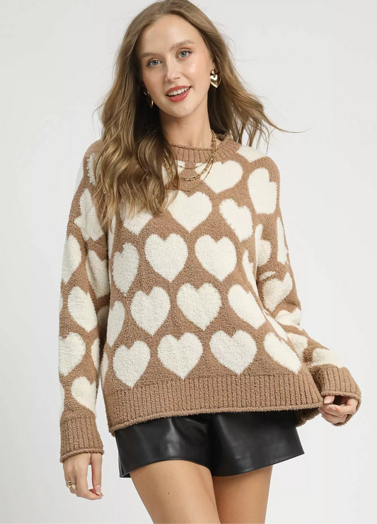Umgee Mix Heart Pattern Pearl Accent Sweater