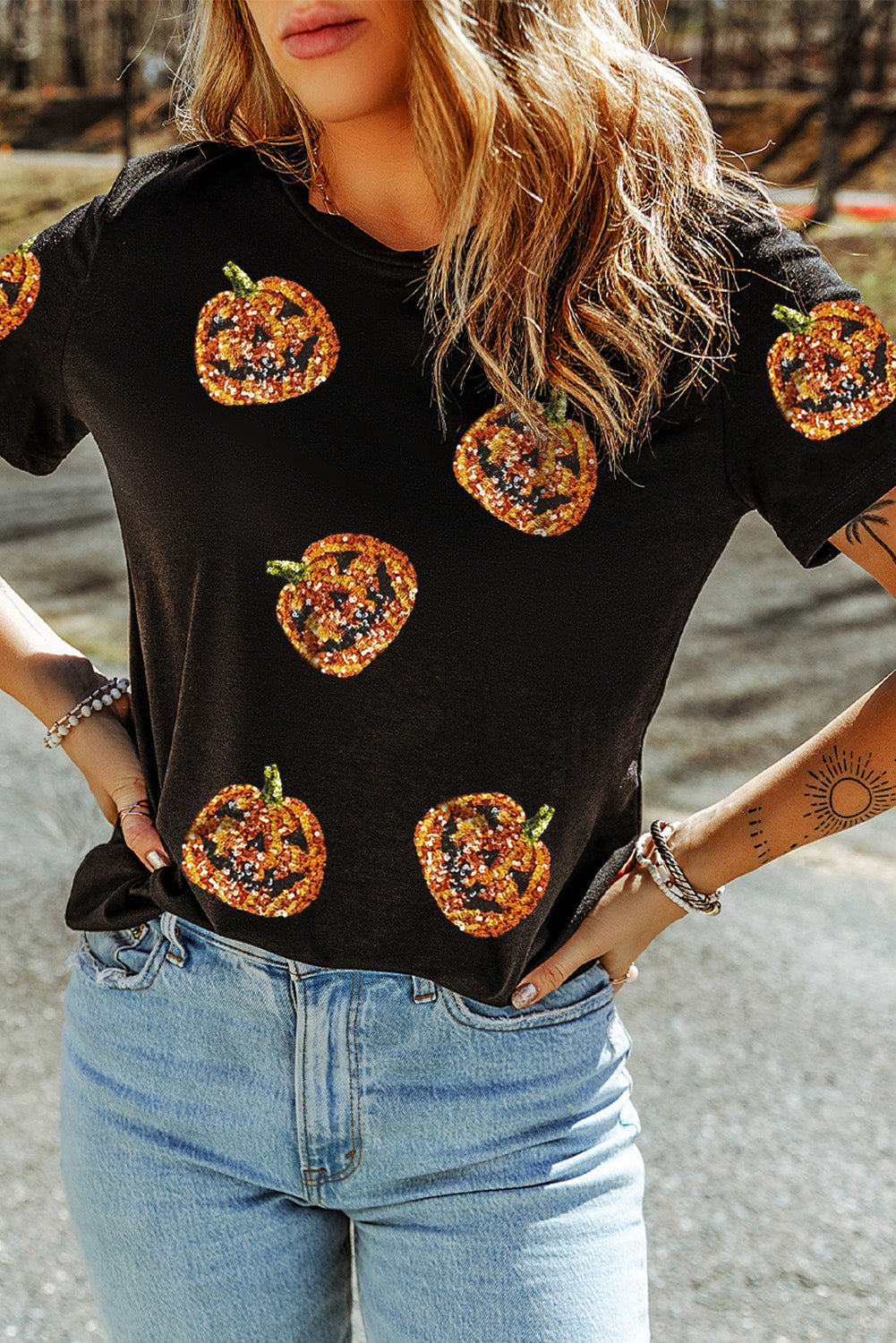 Sequin Pumpkin Face Halloween T Shirt