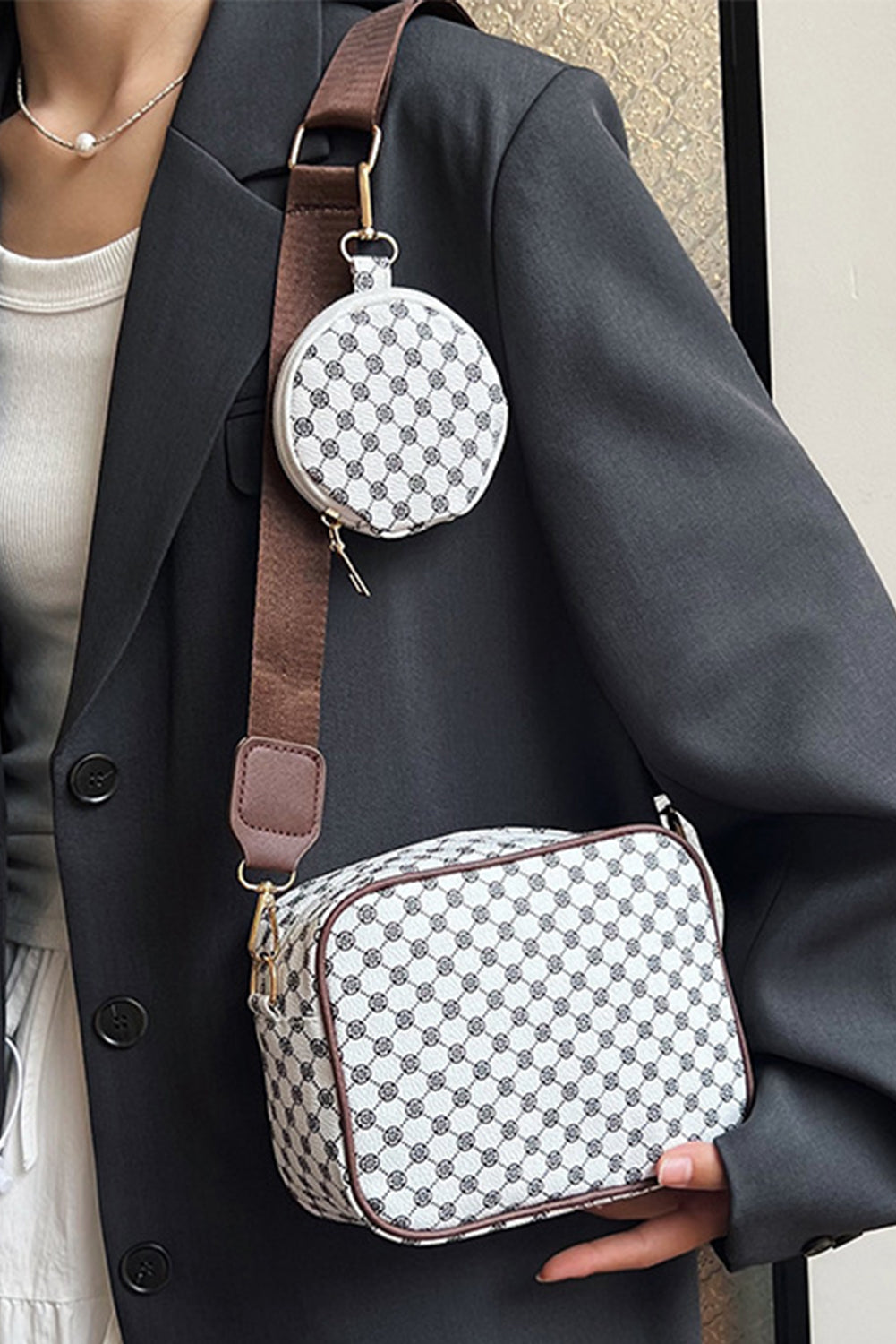 Coffee PU Leather Geometric Pattern Adjustable Strap Shoulder Bag with Wallet