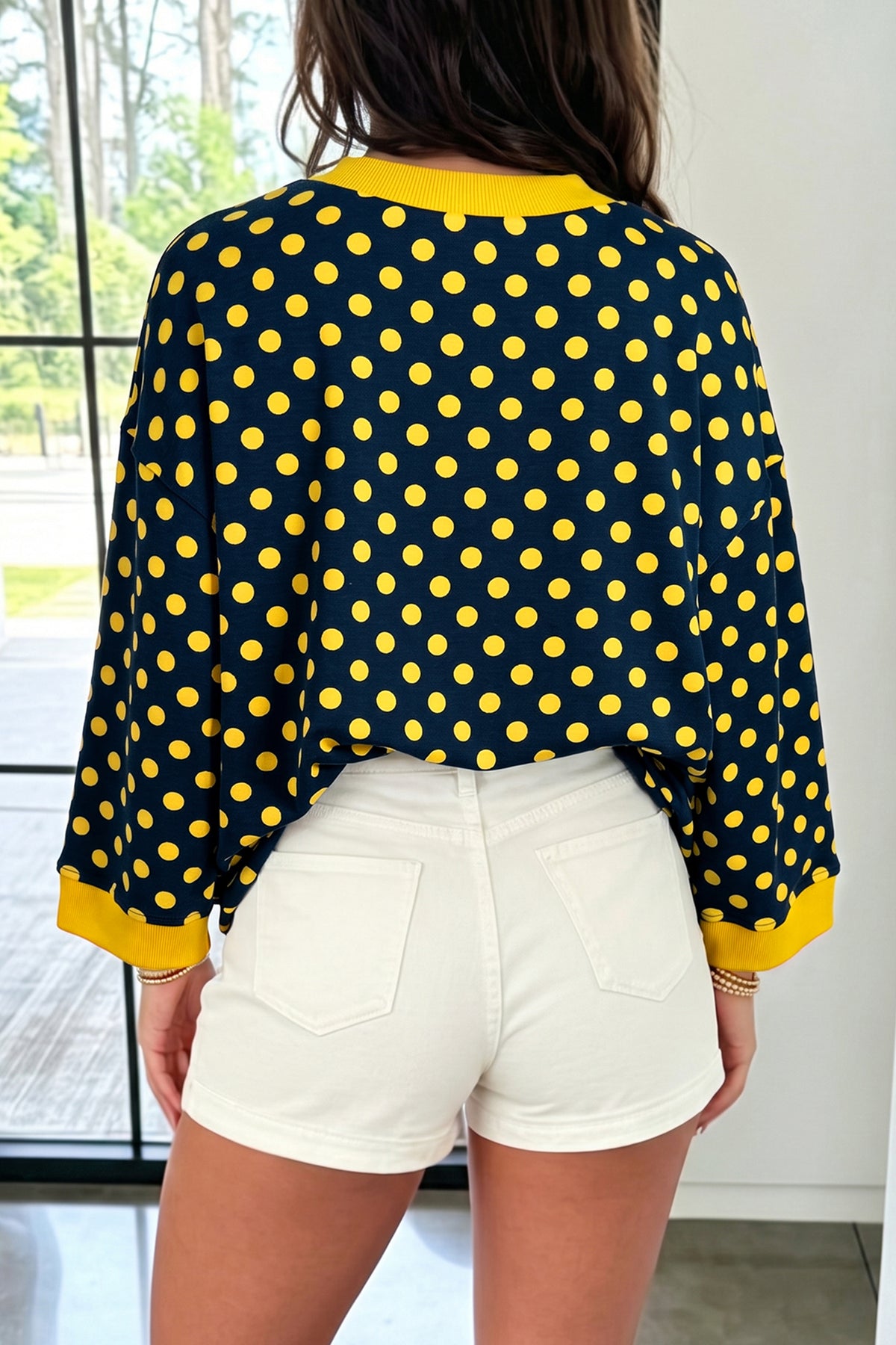 Green Polka Dot Print Contrast Trim Round Neck Bracelet Sleeve Top