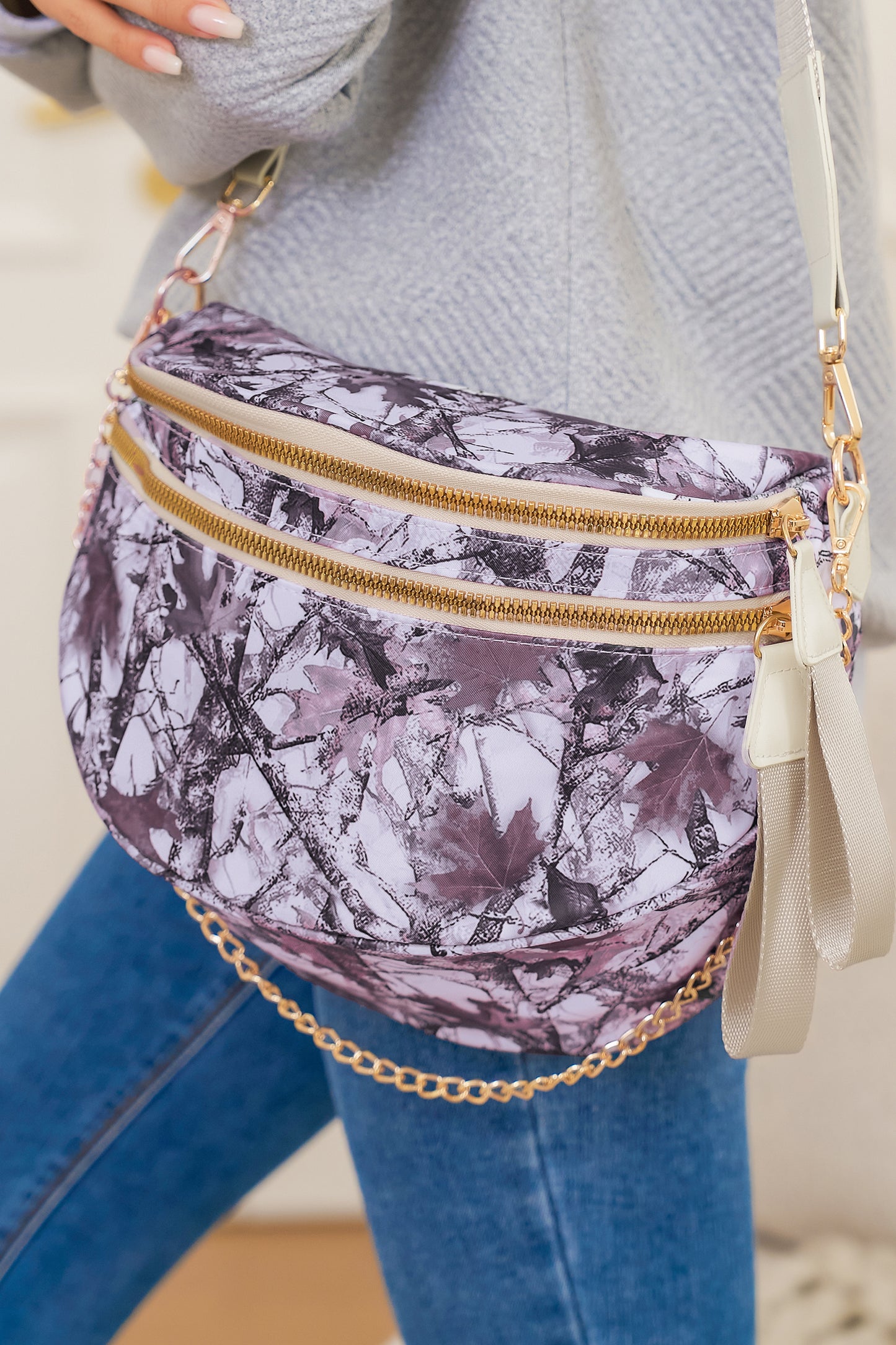 Light Grey Camouflage Print Double Zip Fashion Crossbody Bag