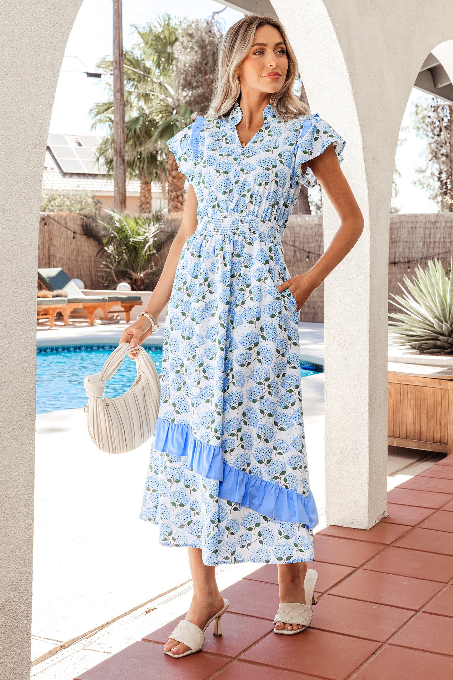 Blue Hydrangea Ruffle Midi Dress