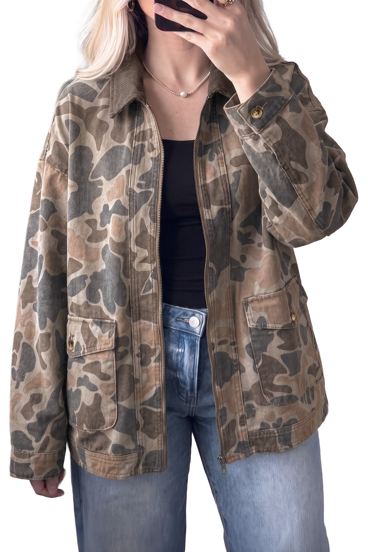 Multicolour Retro Camouflage Print Corduroy Contrast Collar Zip Denim Jacket