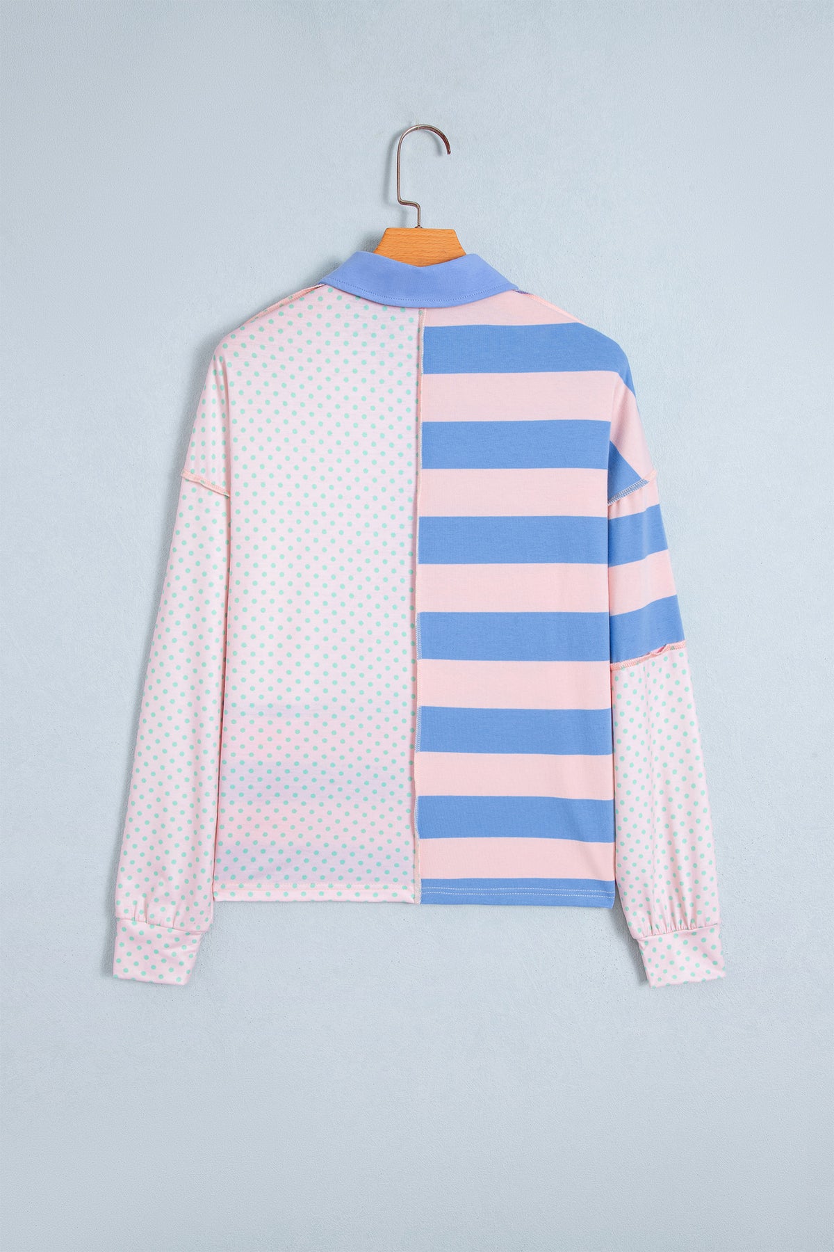 Pink Striped Polka Dot Patchwork Polo Collar Long Sleeve Top