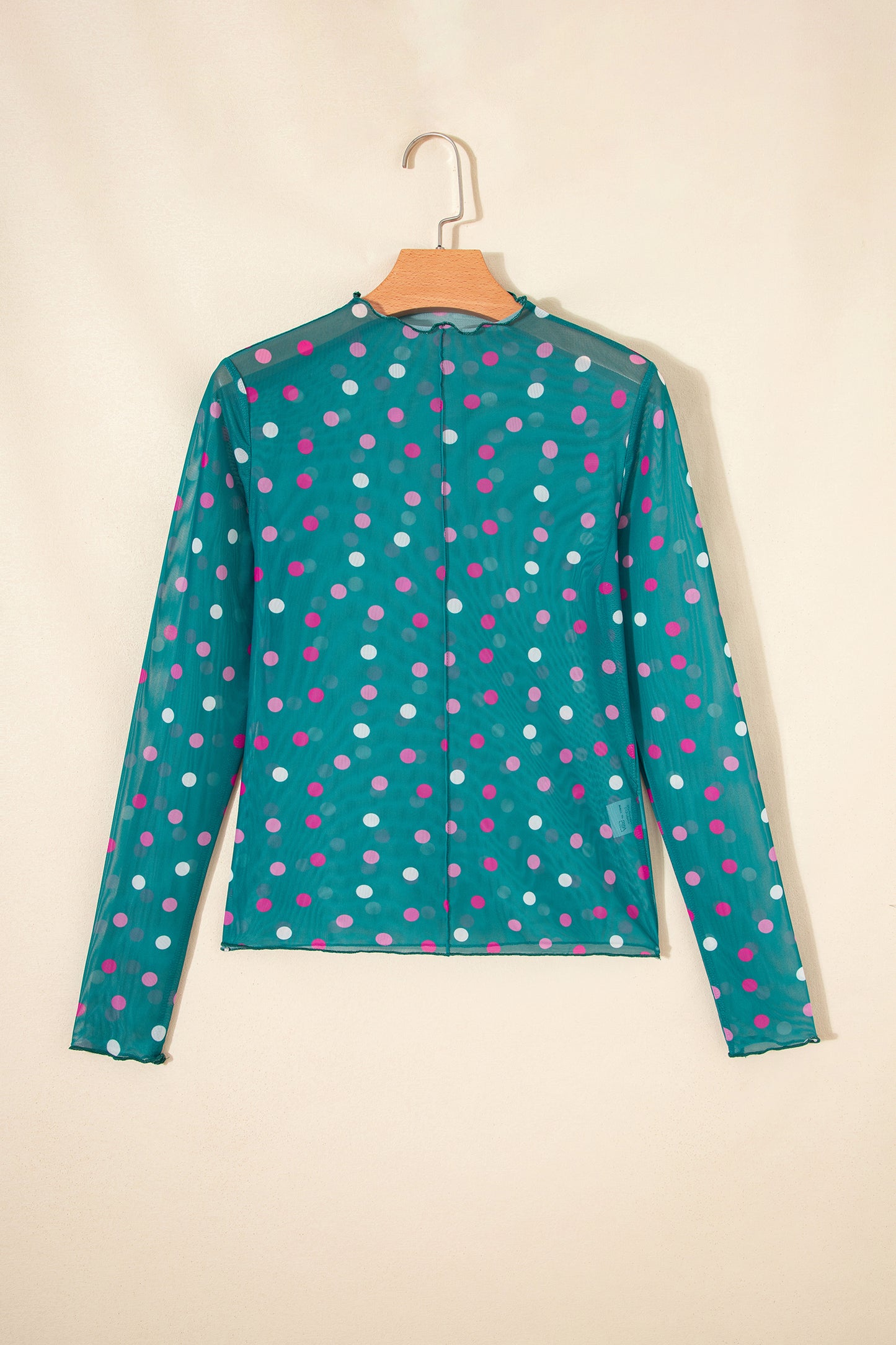 Green Polka Dot Patterned Bodycon Mock Neck Mesh Long Sleeve Top