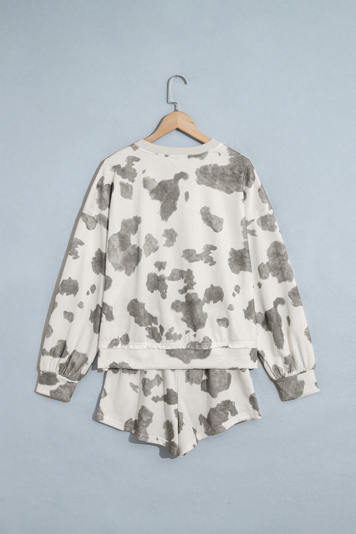 Gray Western Print Raw Hem Long Sleeve Top Drawstring Shorts Set