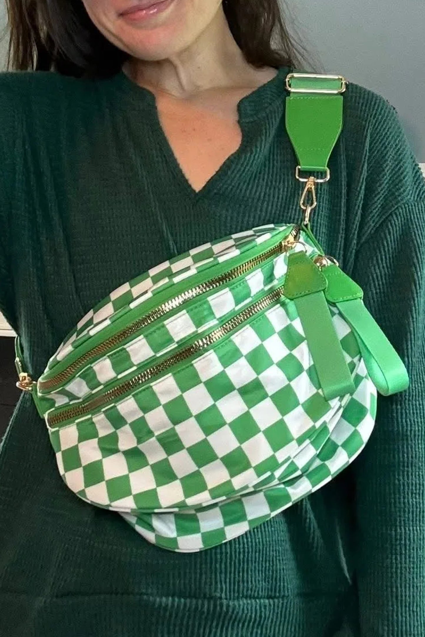 White Checkered Print Wide Strap Large Crossbody Bag