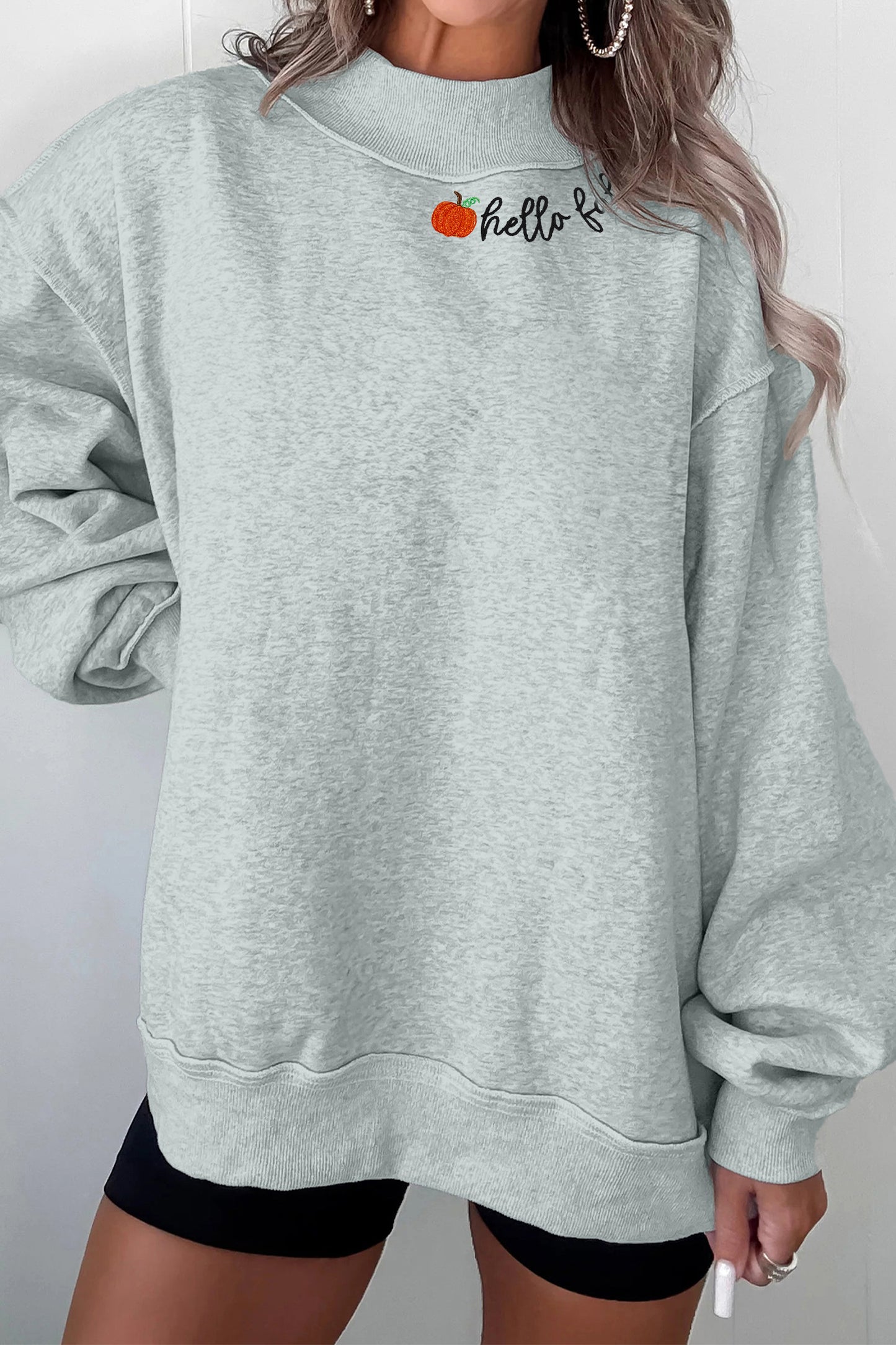 Hello Embroidered Pumpkin Detail Mock Neck Sweatshirt