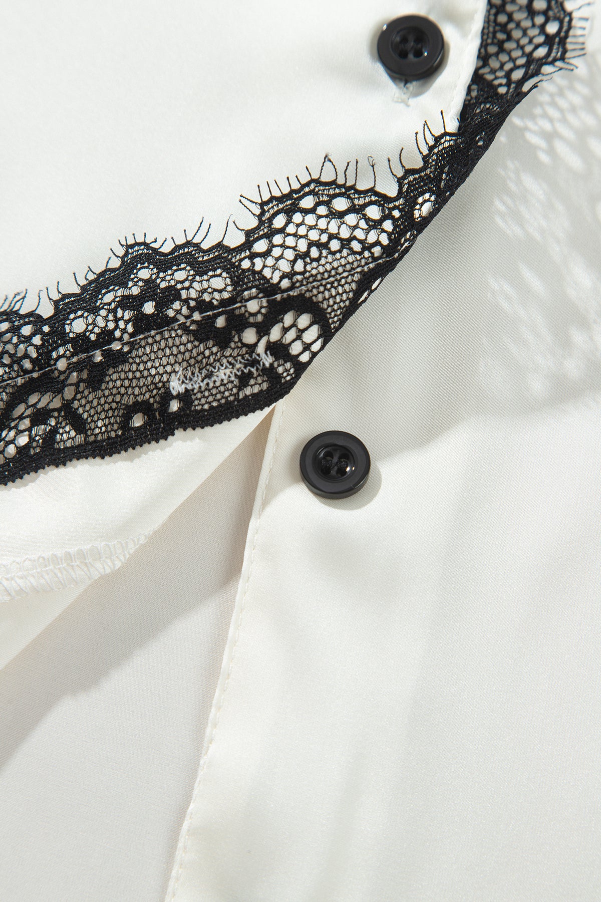 White Long Sleeve Lace Trim Button Front 2pcs Pajama Set