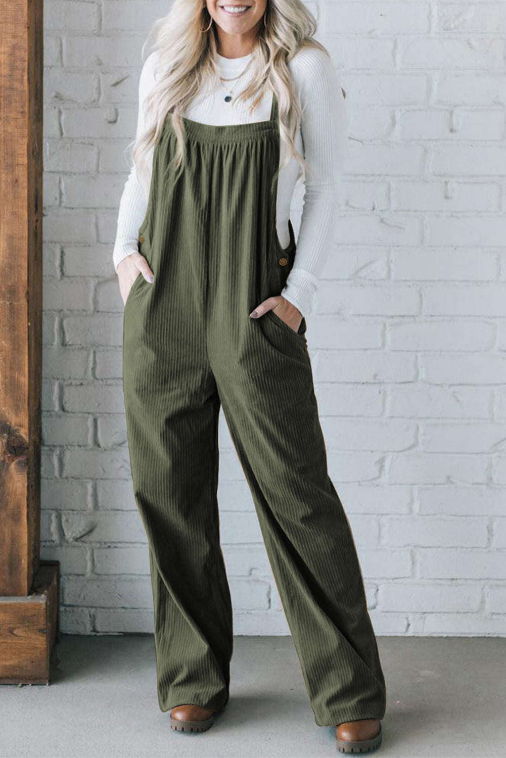 Real Teal Button Adjustable Straps Solid Color Corduroy Jumpsuit