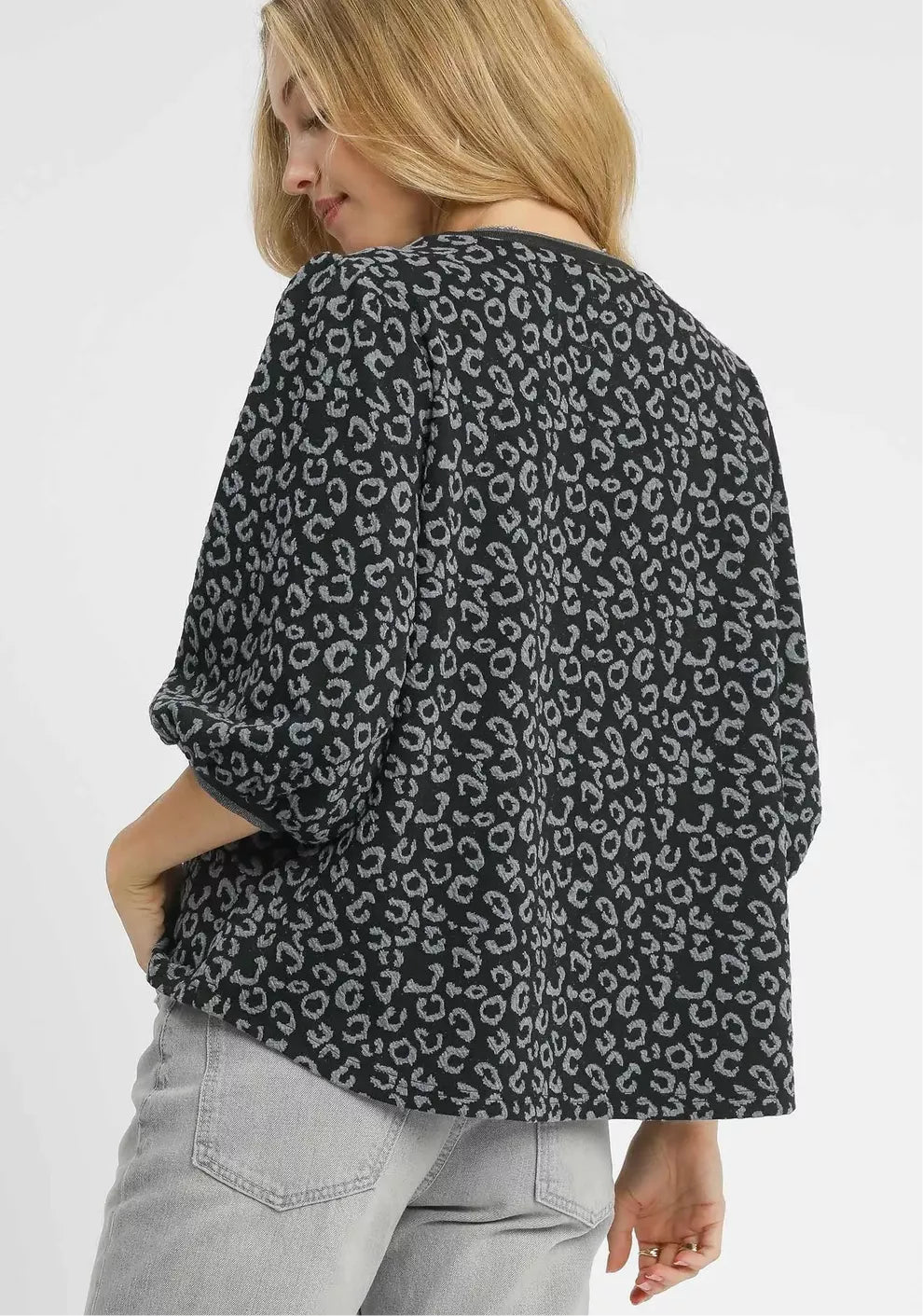Umgee Leopard Print Jacquard Blouse with Puff Sleeves