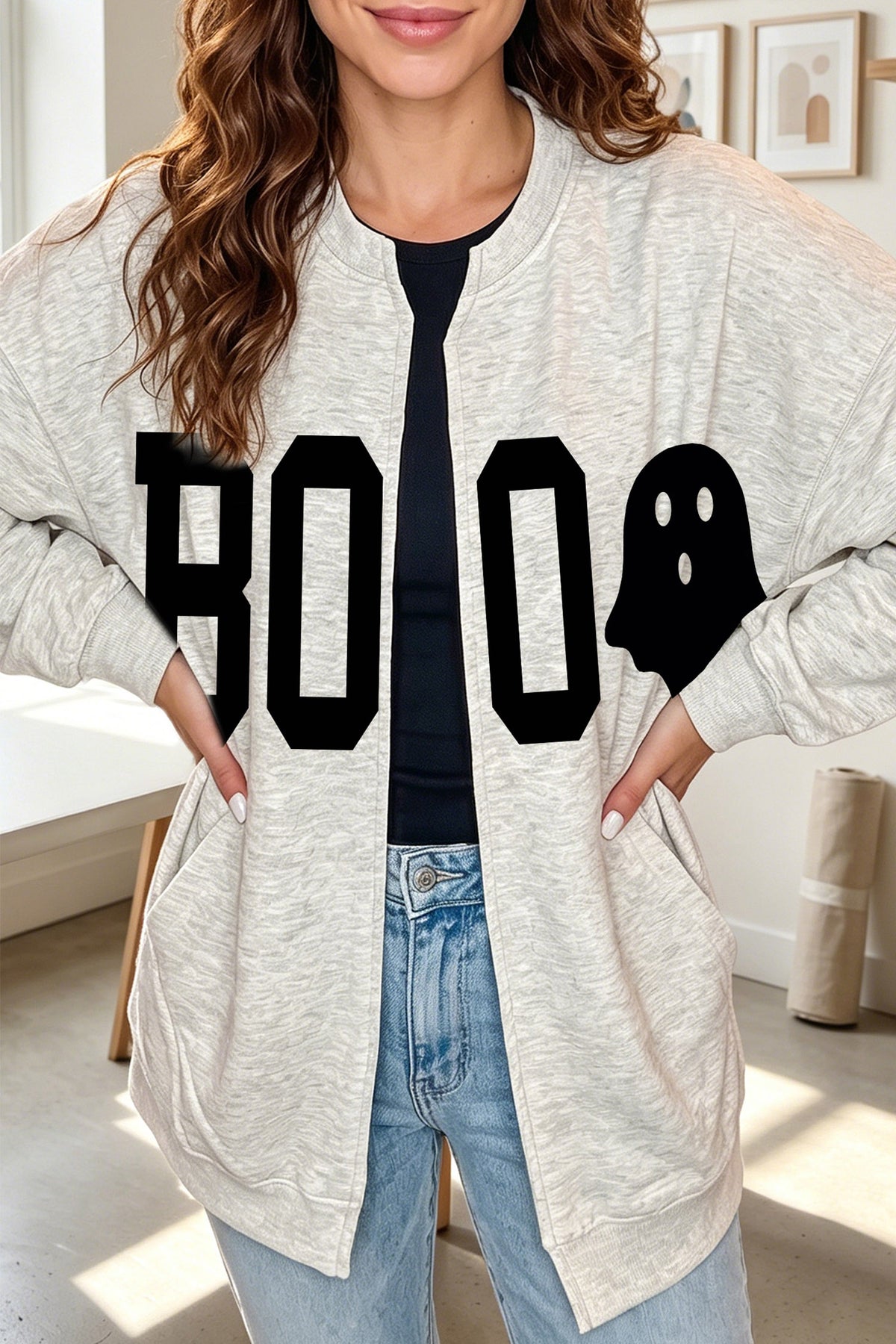 Light Grey Halloween Boo Ghost Print Open Front Sweatshirt