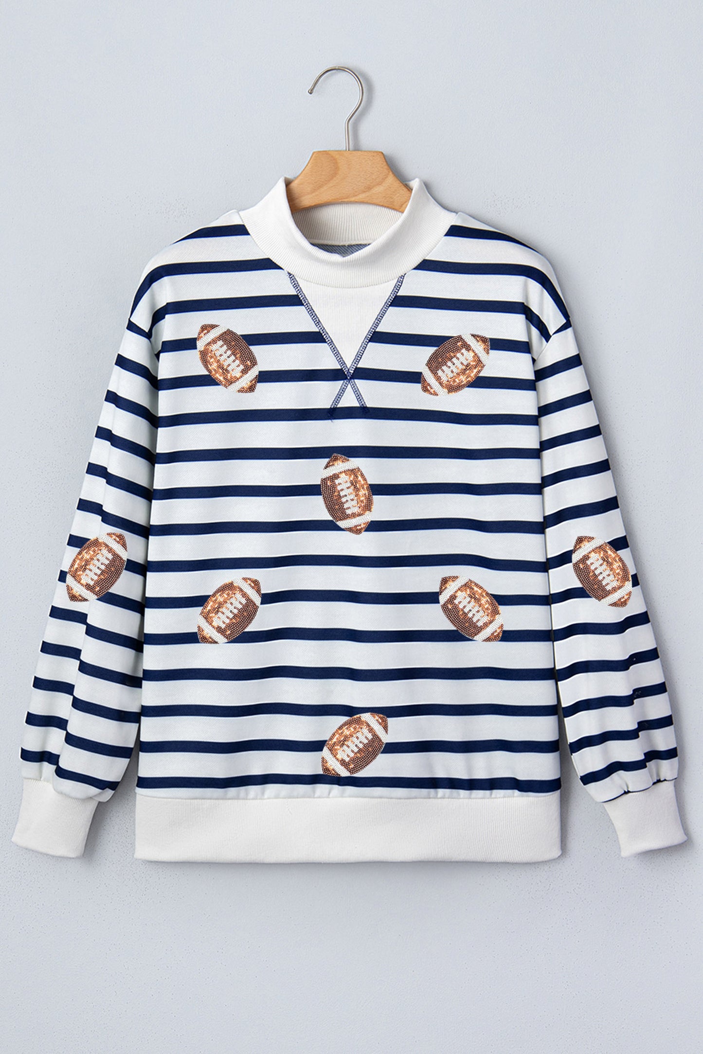 Blue Stripe Sequin Rugby Print Mock Neck Casual Sweatshirt
