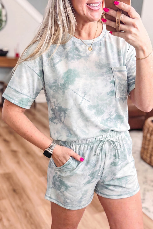 Green Casual Camouflage Short Sleeve Elastic Waist 2pcs Set