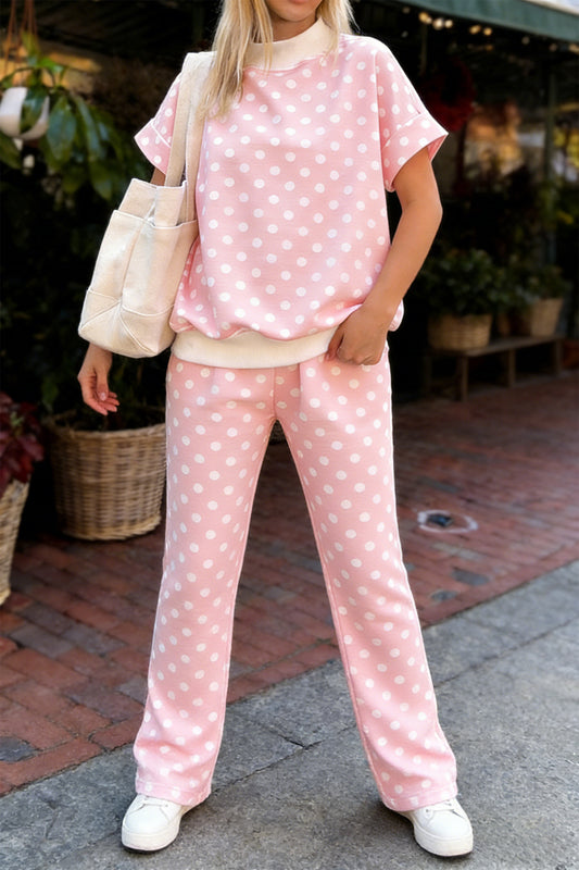 Pink Polka Dot Print Mock Neck Short Sleeve Top Shift Pant Set