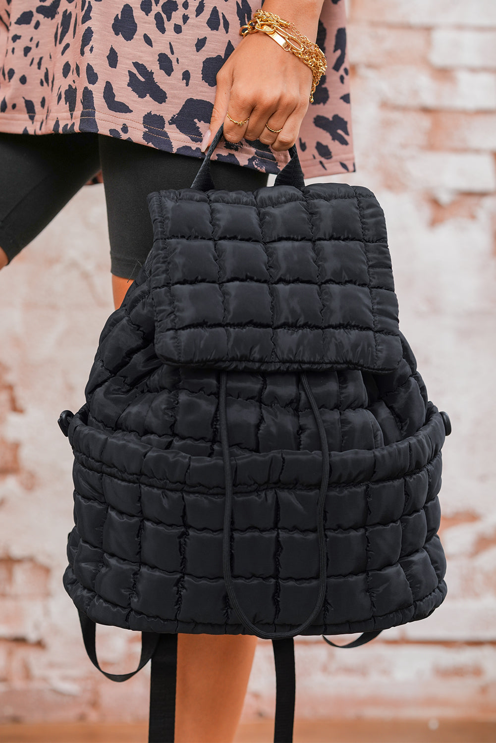 Coffee Solid Flapped Quilted Puffer Backpack