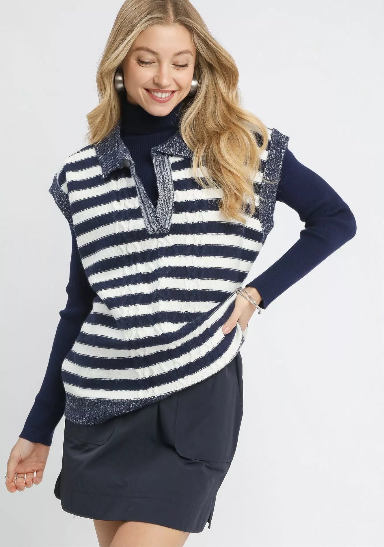 Umgee Cable Knit Collared Striped Vest Sweater