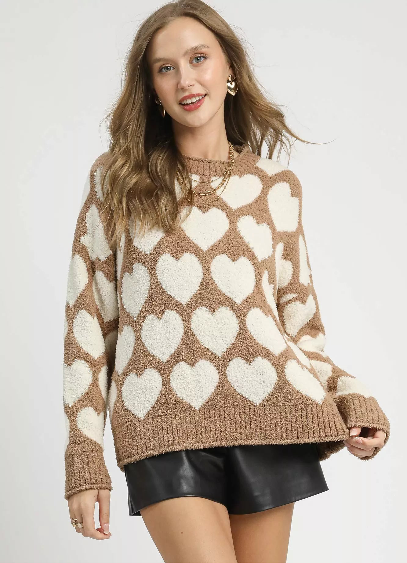 Umgee Mix Heart Pattern Pearl Accent Sweater