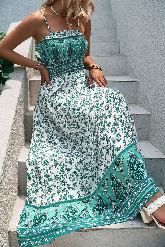 Green Boho Floral Print Shirred Cami Maxi Dress