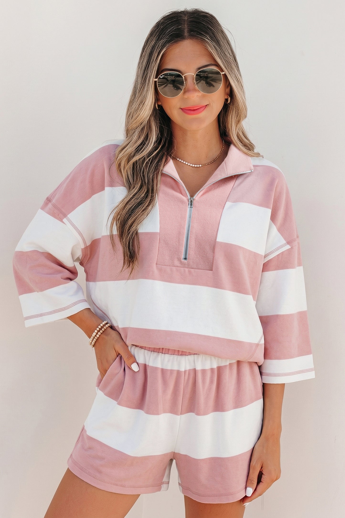 Pink Stripe Half Zip Bracelet Sleeve Top Casual Short Set