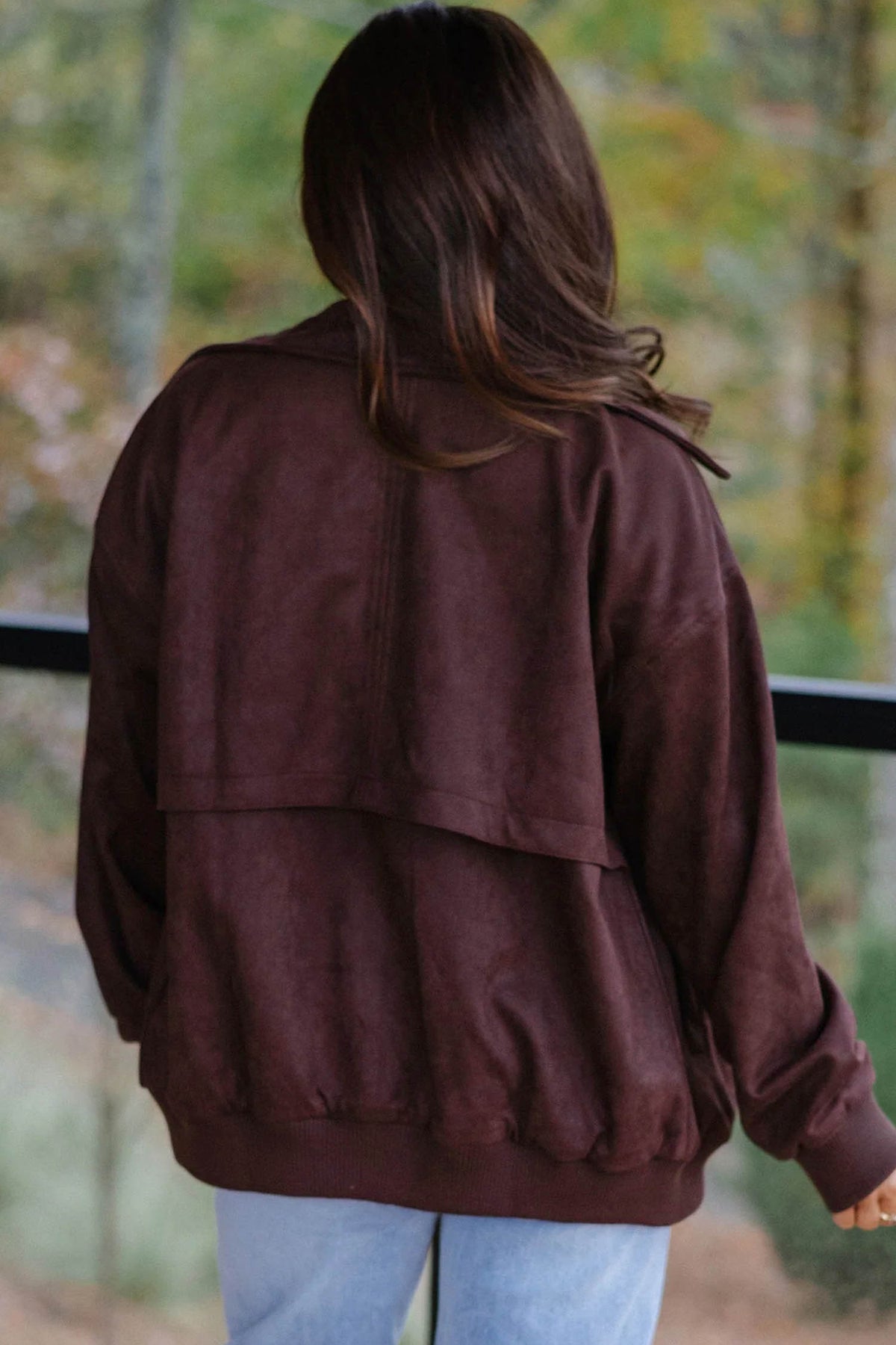 Chicory Coffee Solid Zip-up Metal Placket Collar Long Sleeve Jacket