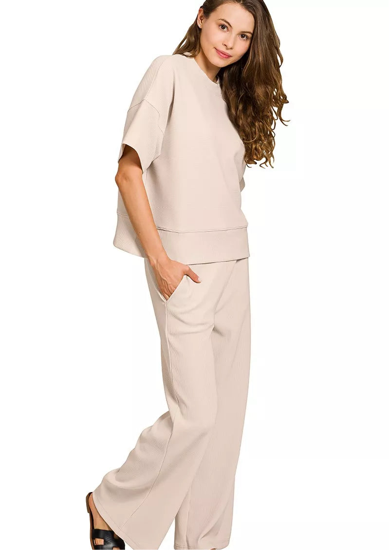 Zenana Ribbed Round Neck Tee & Pants Set