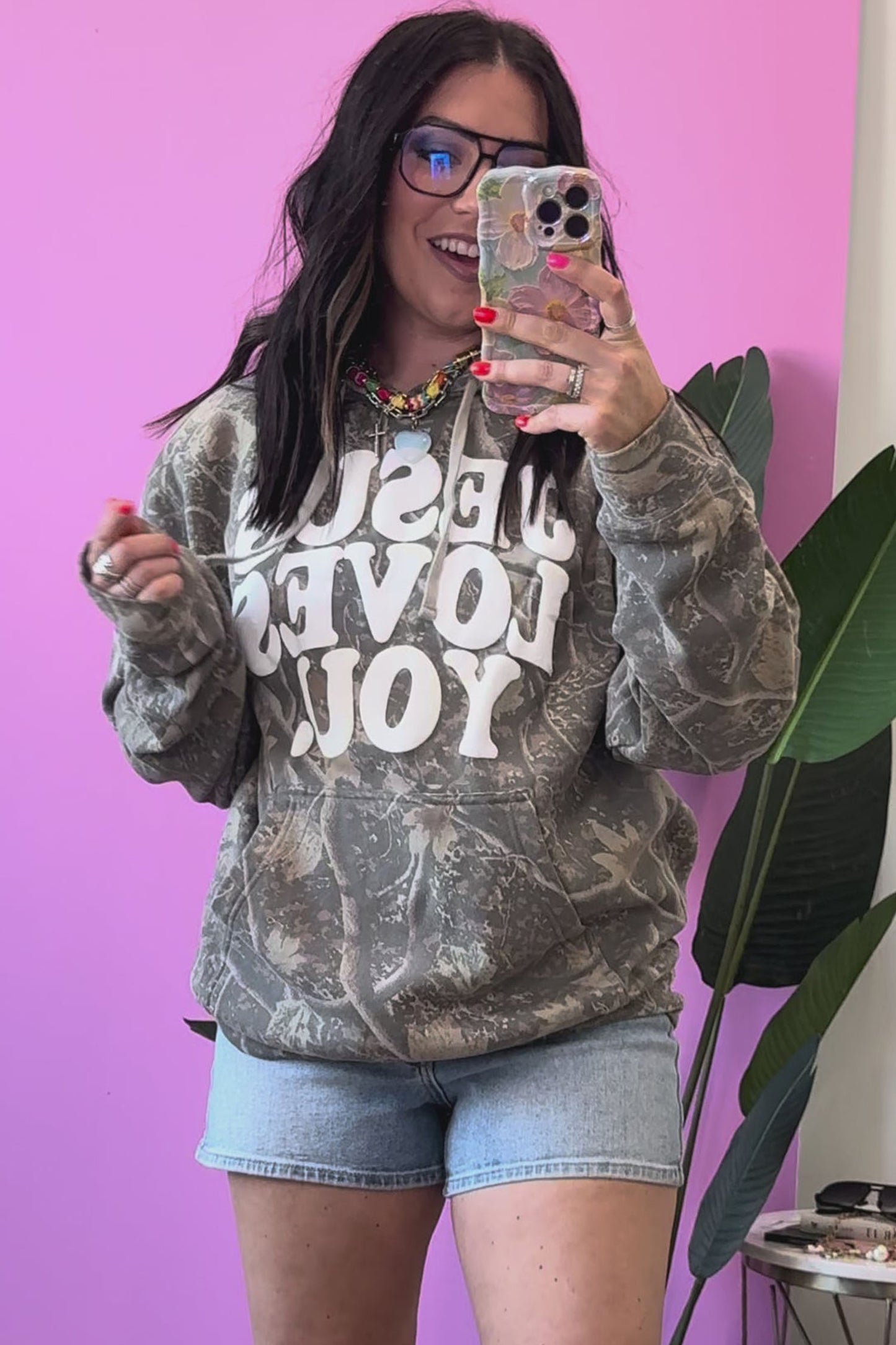 Camouflage Jesus Loves You Print Relaxed Hoodie