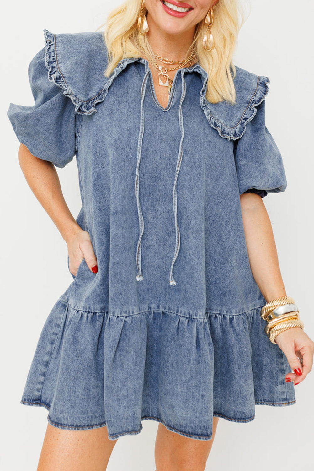 Pearls and Puff Sleeves Denim Dress