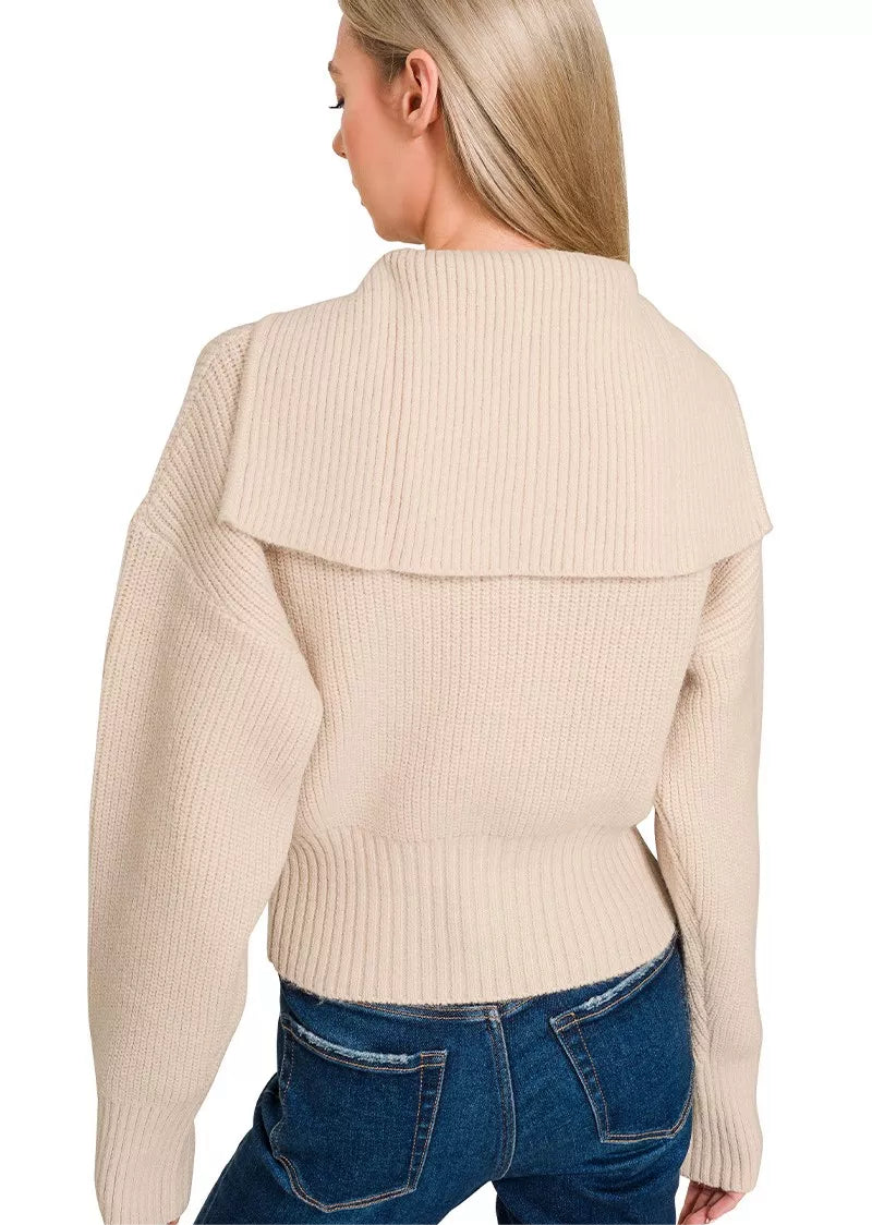 Zenana Ribbed Collared Zip Up Sweater Cardigan