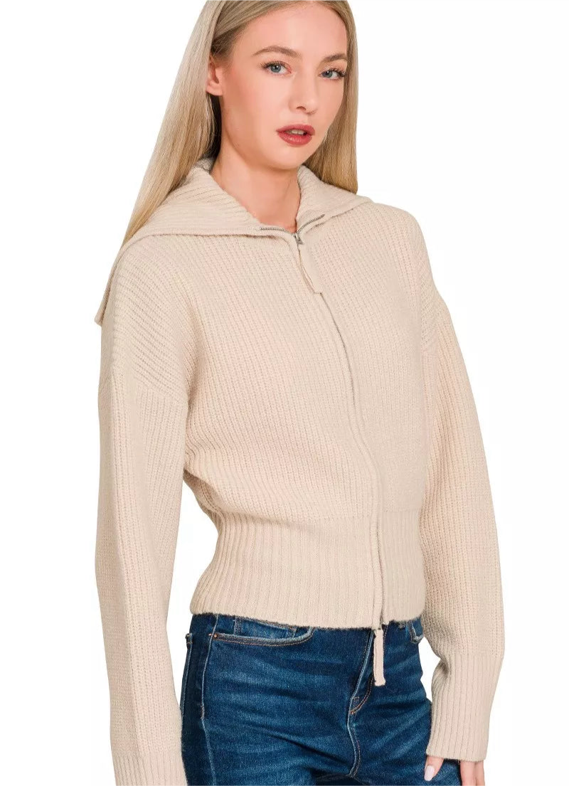 Zenana Ribbed Collared Zip Up Sweater Cardigan