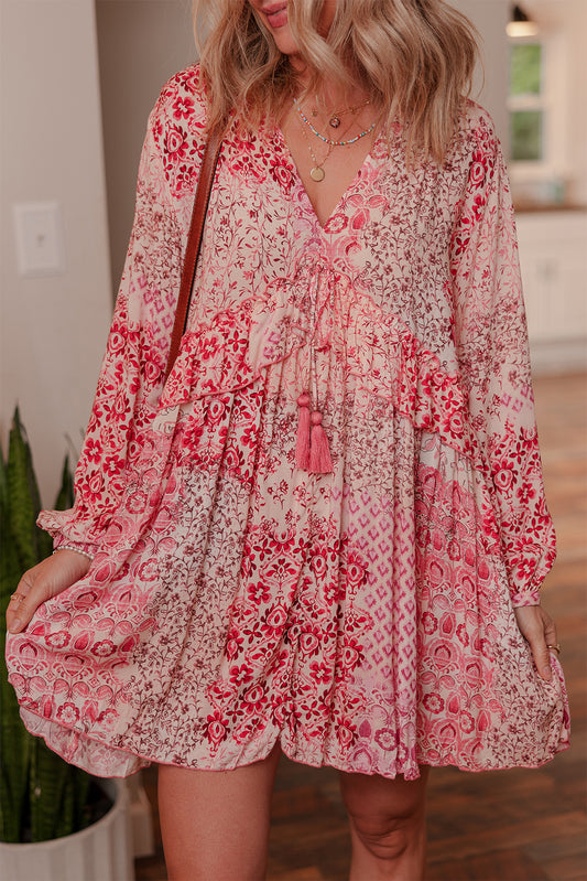 Pink Bohemian Floral Print Tassel Tie Long Sleeve Flowy Mini Dress
