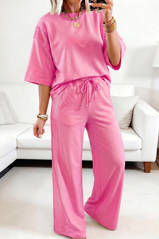 Sachet Pink Lace Patchwork Half Sleeve Top Elastic Waist Pants Two Piece Set