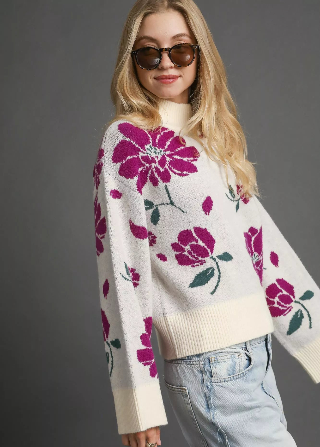 Umgee Floral Patterned Mock Neck Sweater