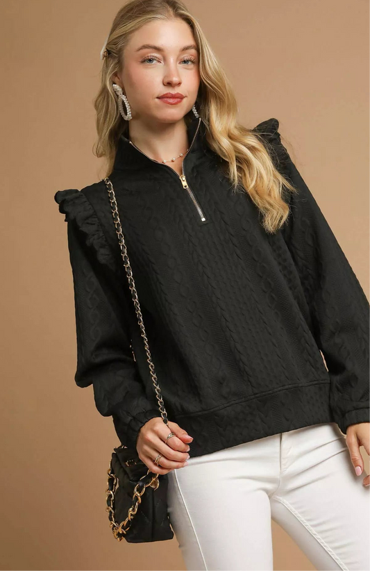 Umgee Cable Knit Textured Pullover with Ruffle Shoulders