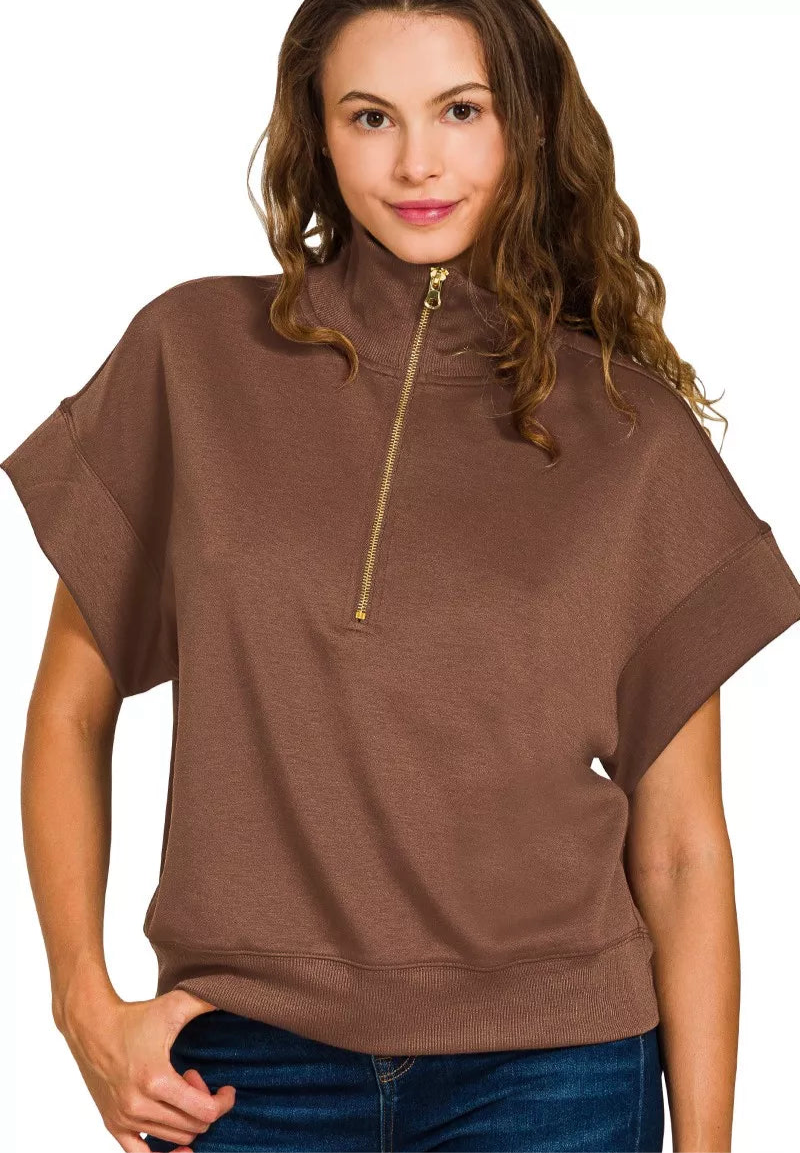 Zenana Full Size Scuba High Neck Half Zip Short Sleeve Top Plus Size