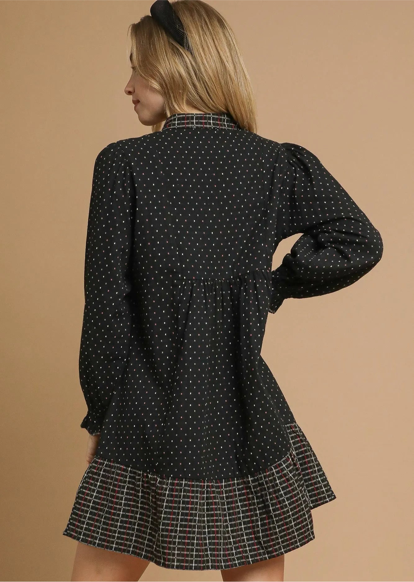 Umgee Polka Dot Plaid Trim Babydoll Dress