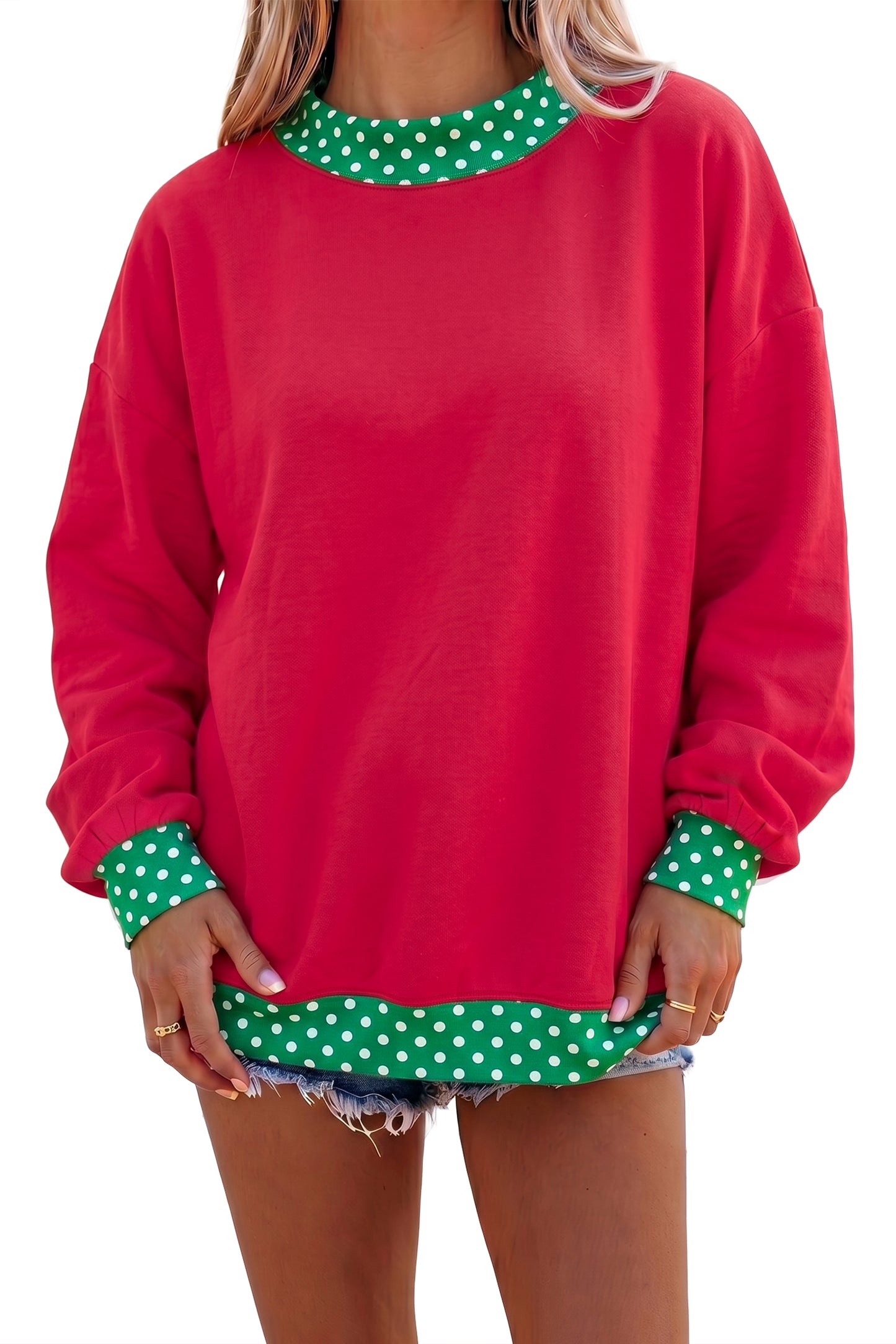 Fiery Red Colorblock Polka Dot Contrast Trim Oversized Sweatshirt
