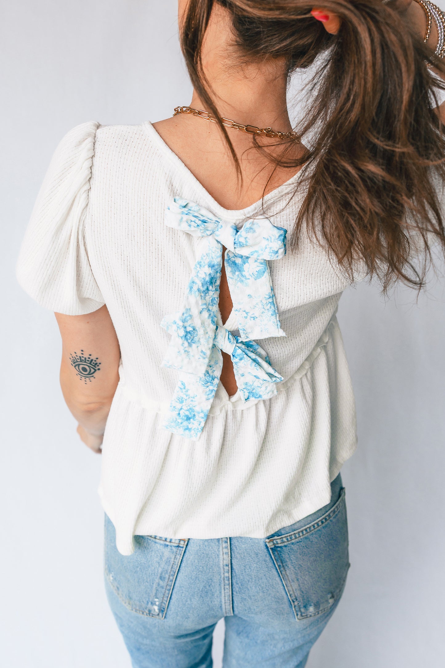 White Bubble Sleeve Peplum Top