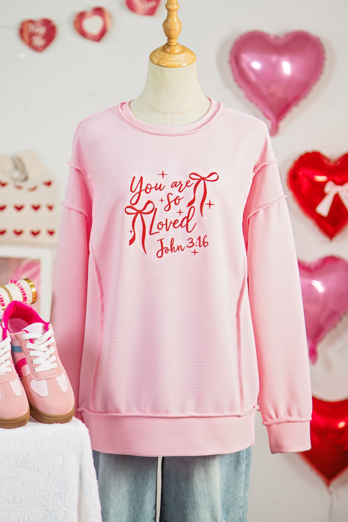 Pink you are so loved Valentines Day Bow Embroidered Graphic Pullover Top