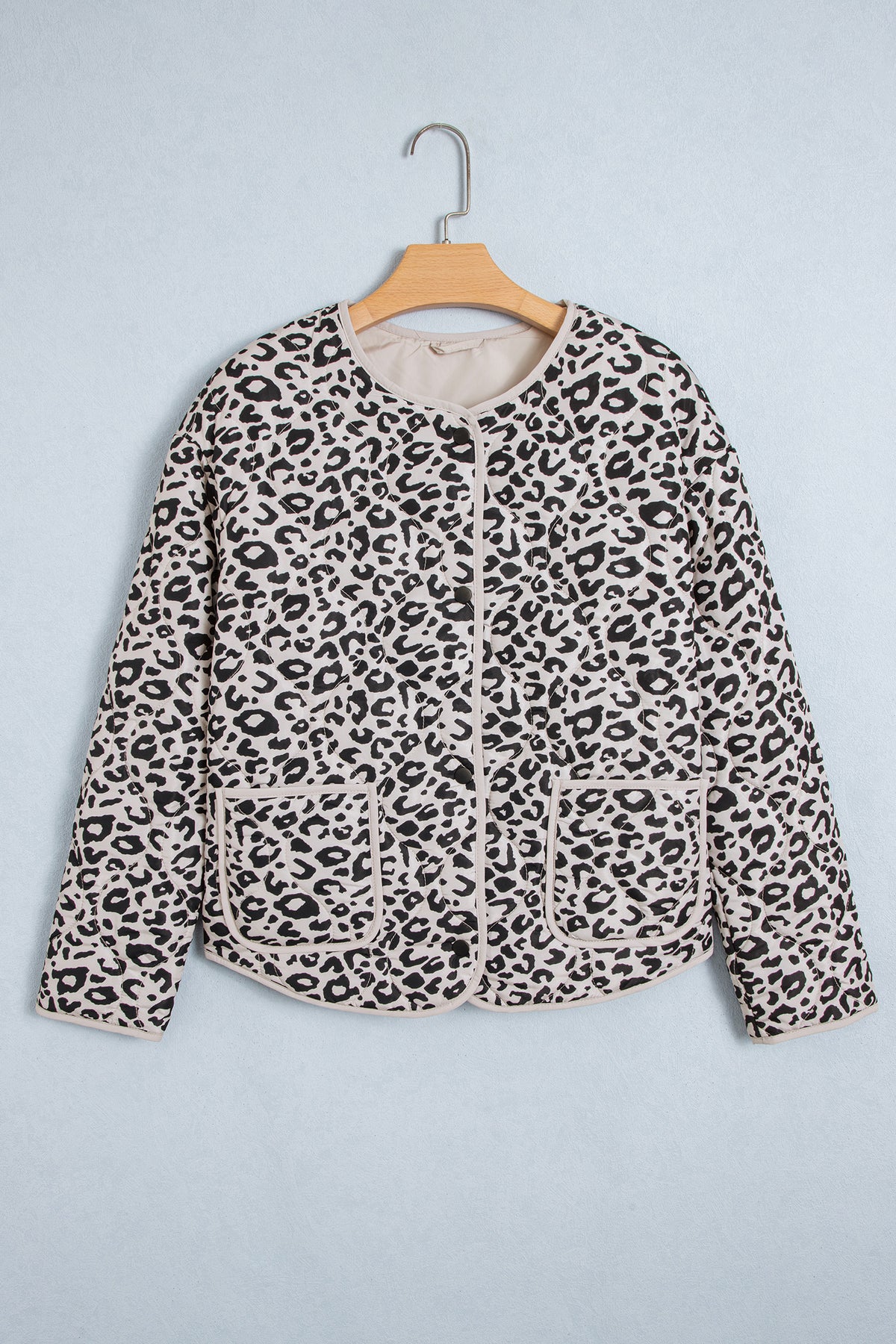 Khaki Leopard Print Patch Pockets Binding Tape Long Sleeve Regular Fit Jacket